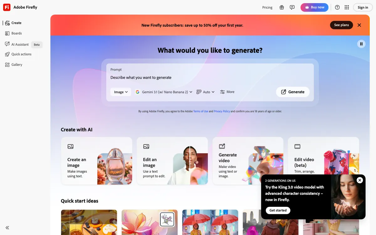 Adobe Firefly official website and landing page preview