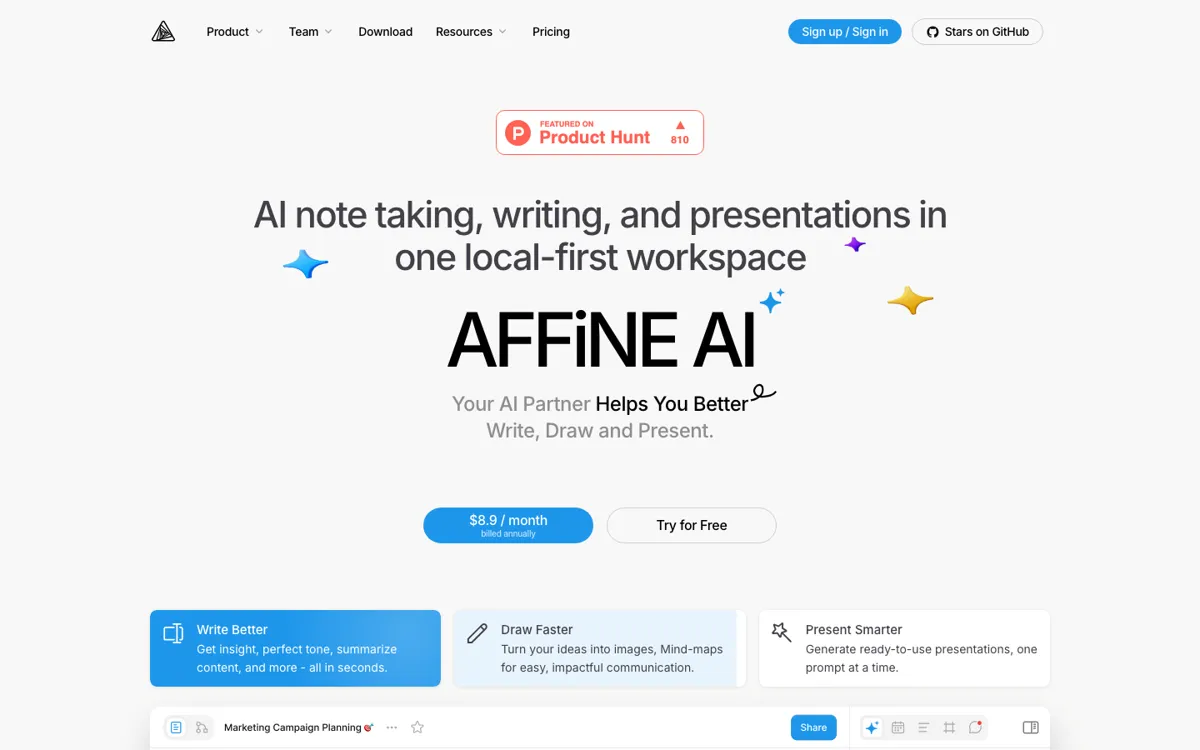 AFFiNE AI official website and landing page preview