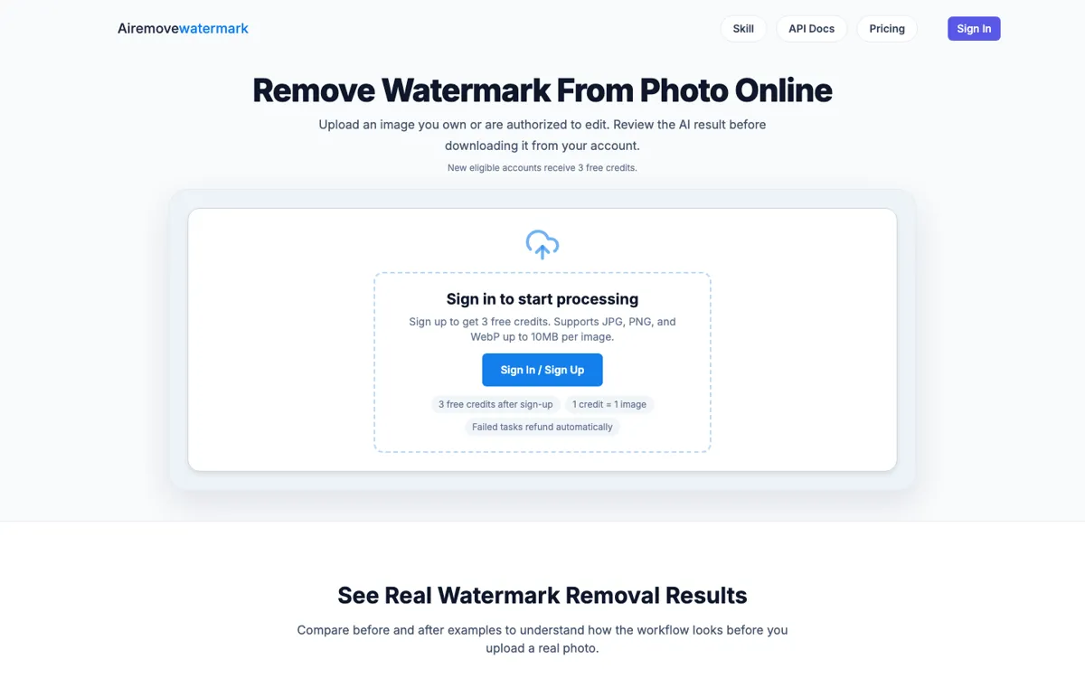AI Remove Watermark official website and landing page preview