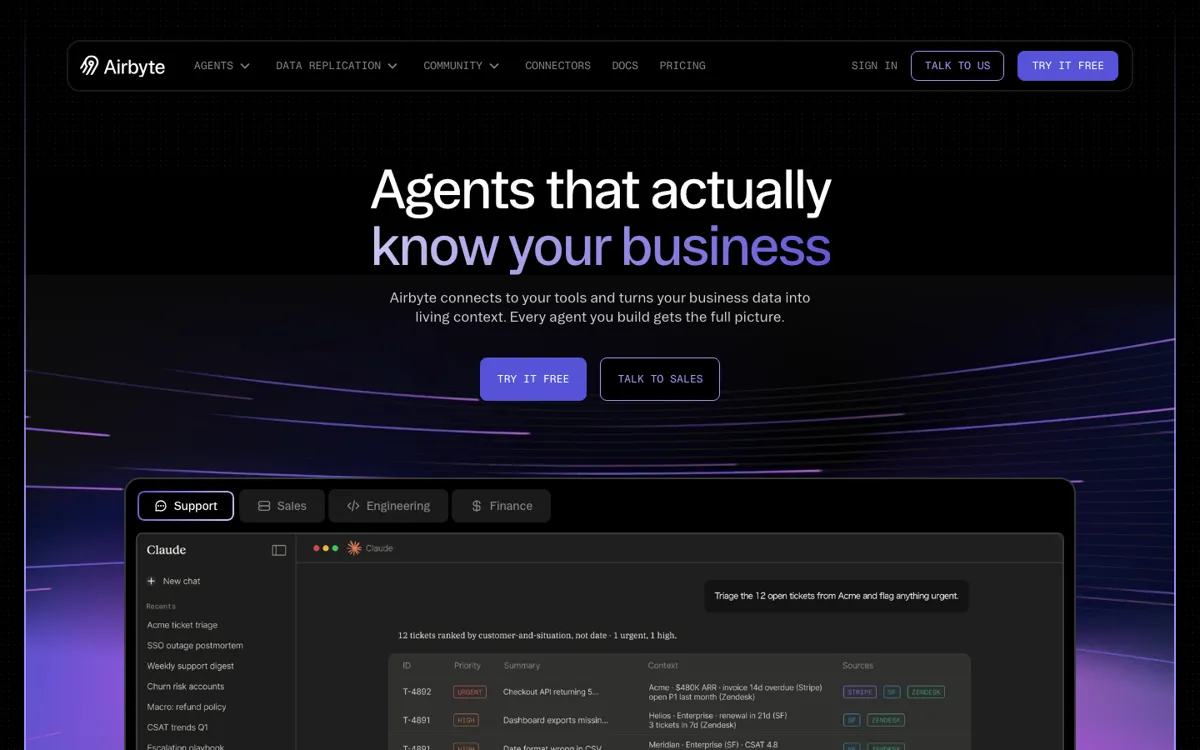 Airbyte Agents official website and landing page preview