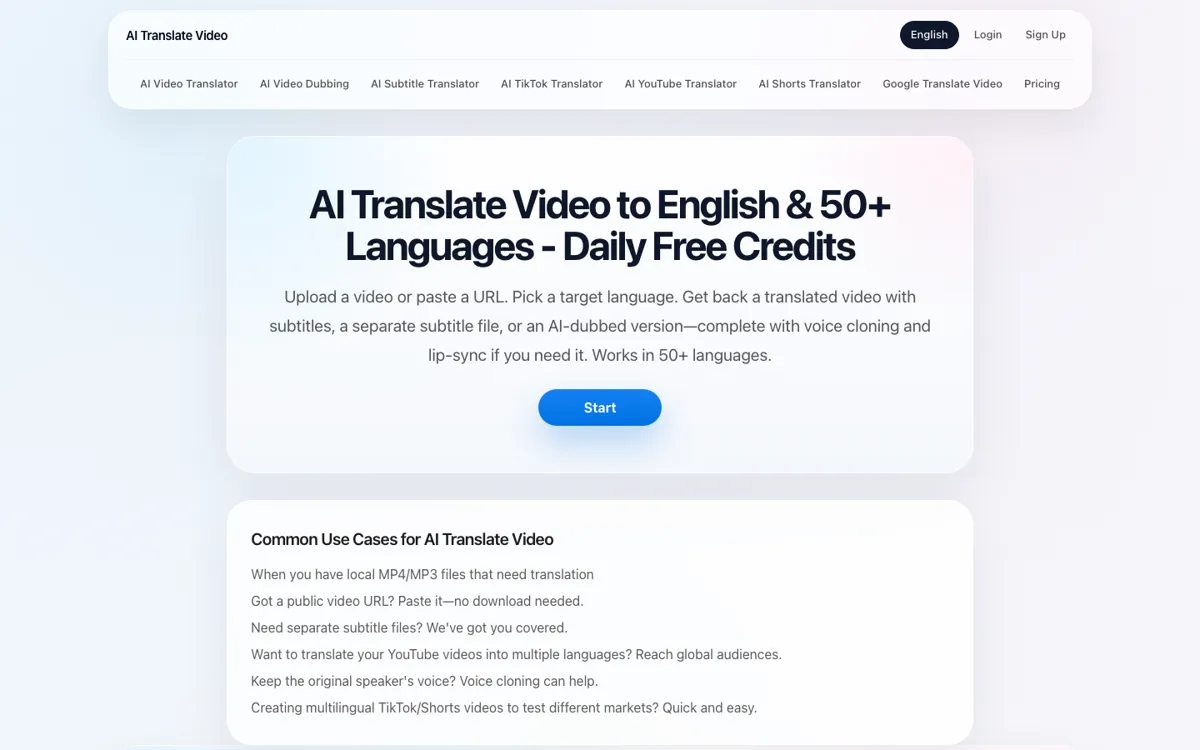 AI Translate Video official website and landing page preview