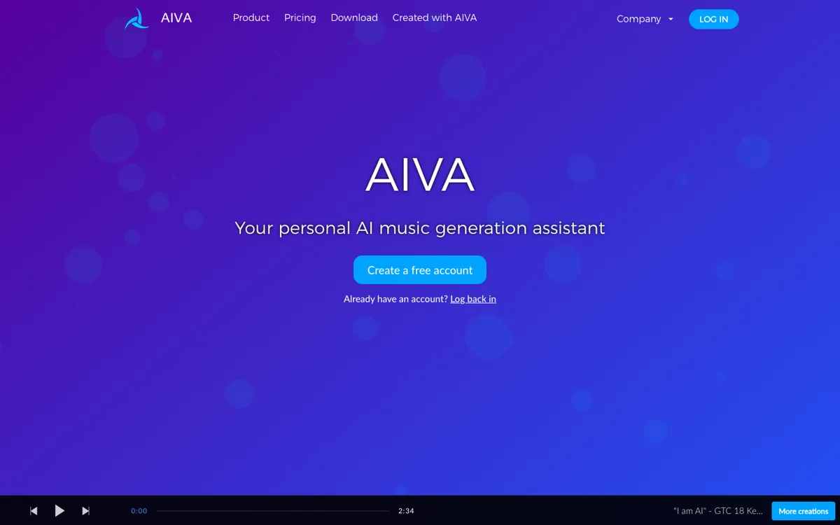 AIVA official website and landing page preview