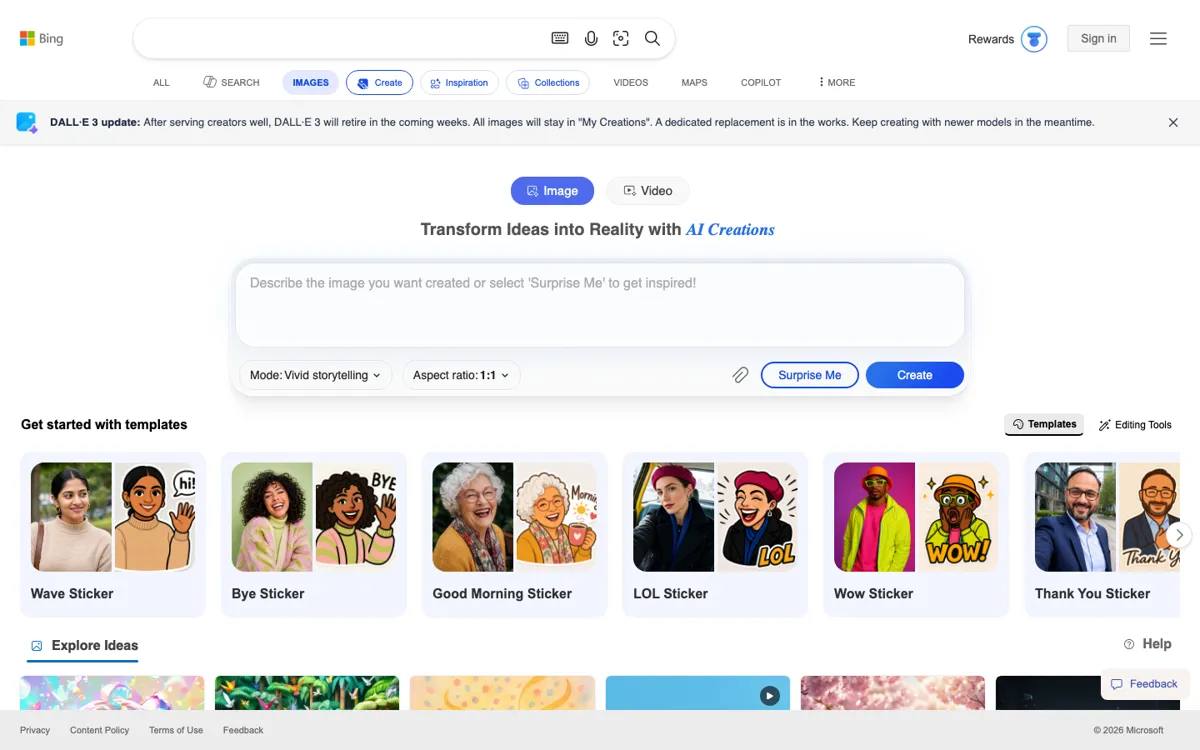 Bing Image Creator official website and landing page preview