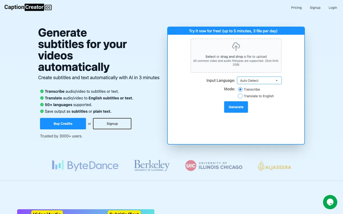 CaptionCreator official website and landing page preview