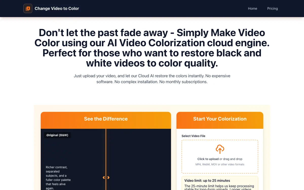 Change Video to Color official website and landing page preview