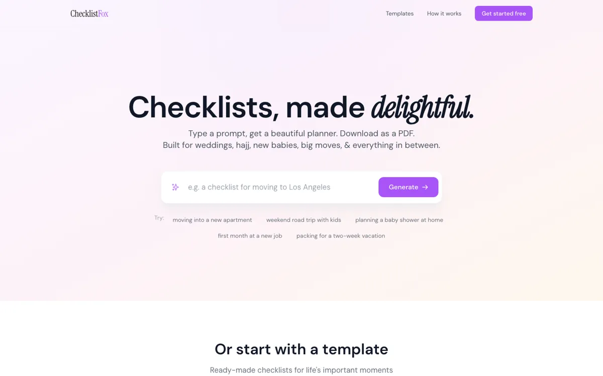 ChecklistFox official website and landing page preview