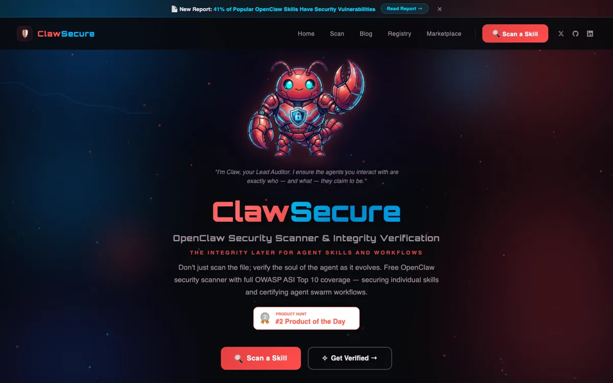 ClawSecure official website and landing page preview