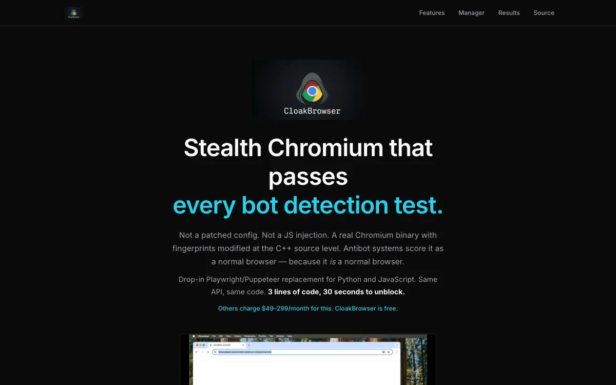 CloakBrowser official website and landing page preview