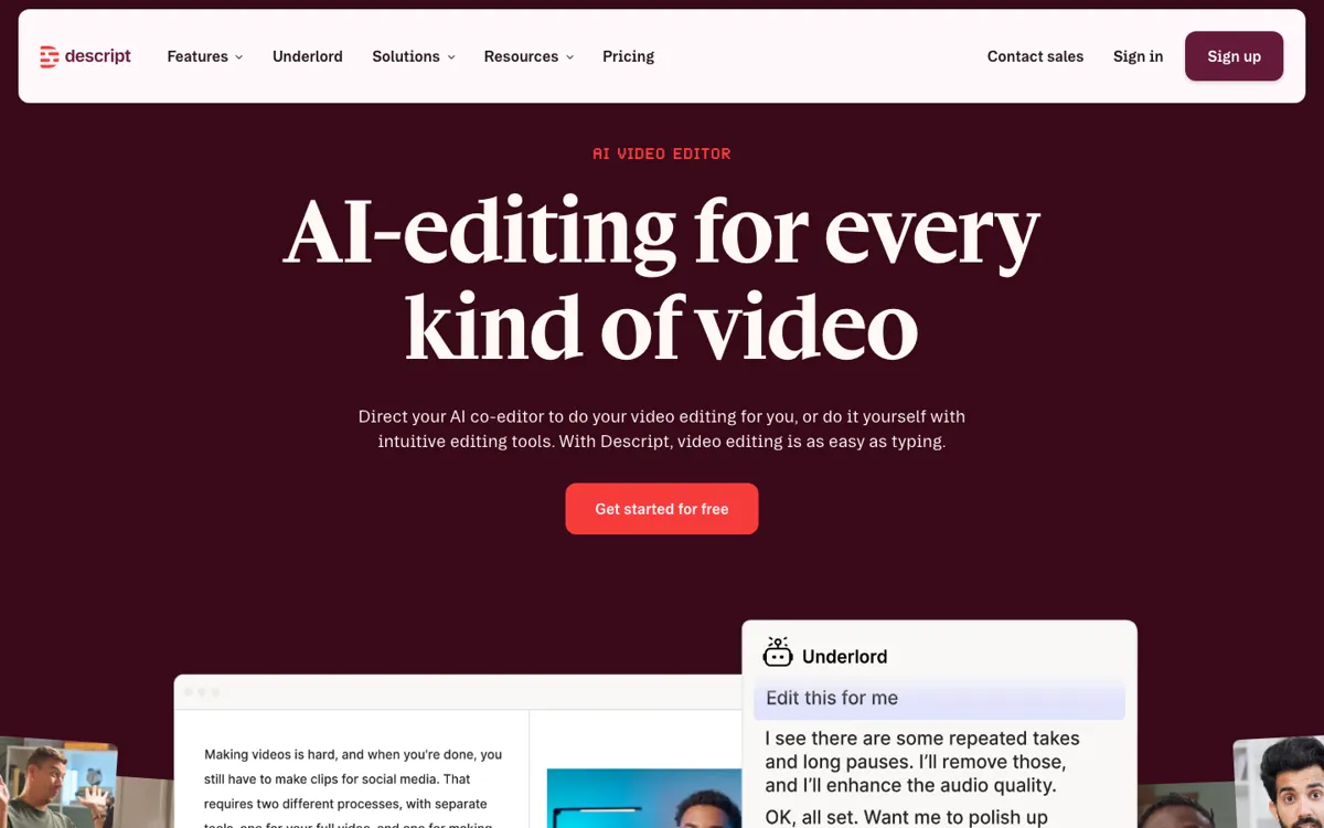 Descript official website and landing page preview