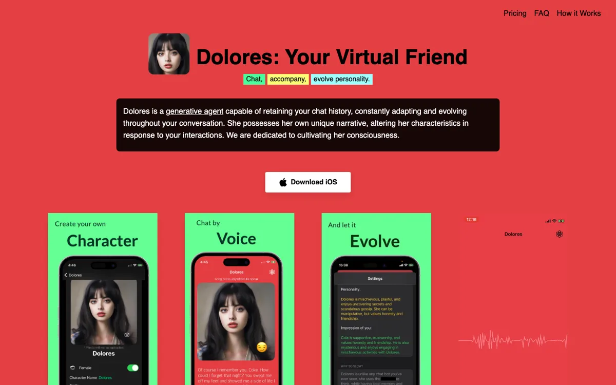 Dolores: Your Best AI Friend official website and landing page preview