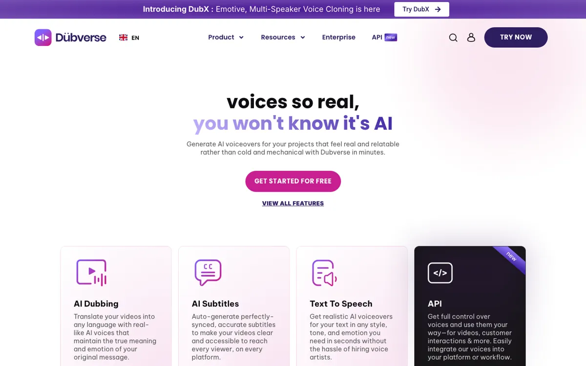 Dubverse official website and landing page preview