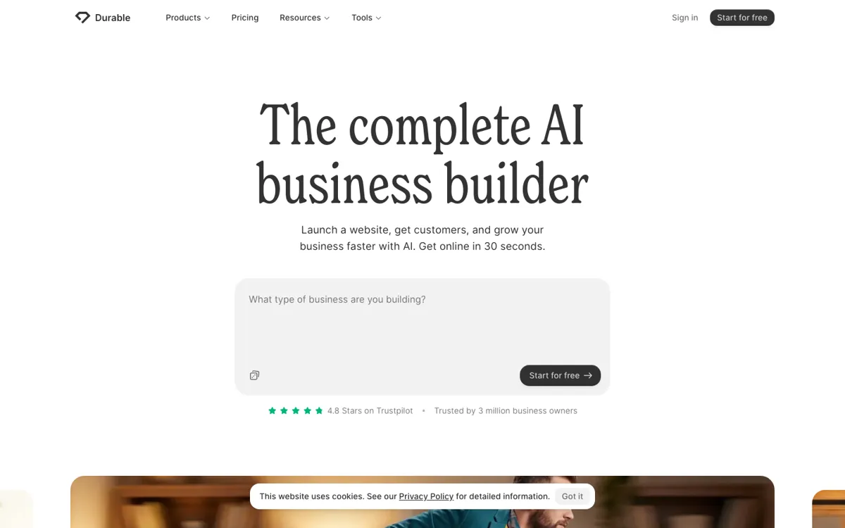 Durable official website and landing page preview
