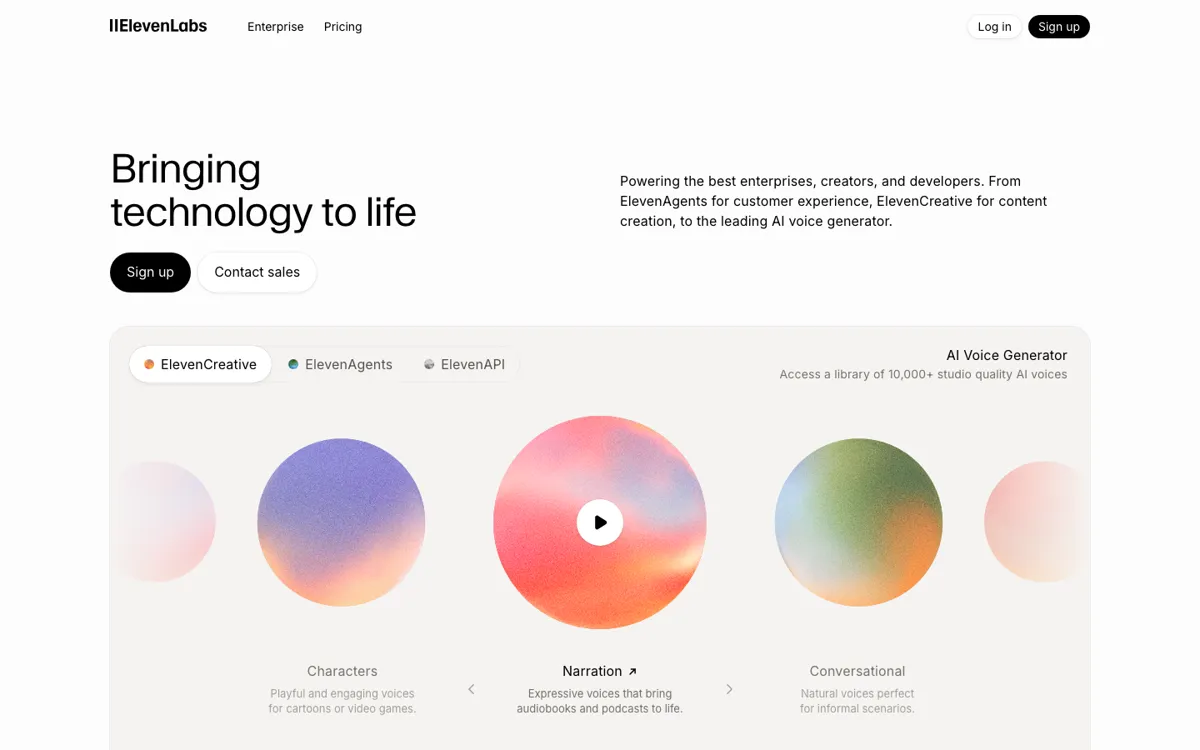 ElevenLabs official website and landing page preview