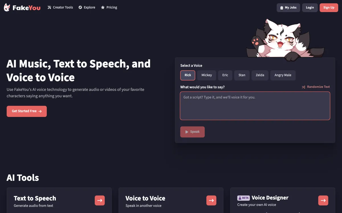 FakeYou official website and landing page preview