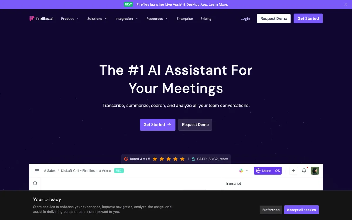 Fireflies.ai official website and landing page preview