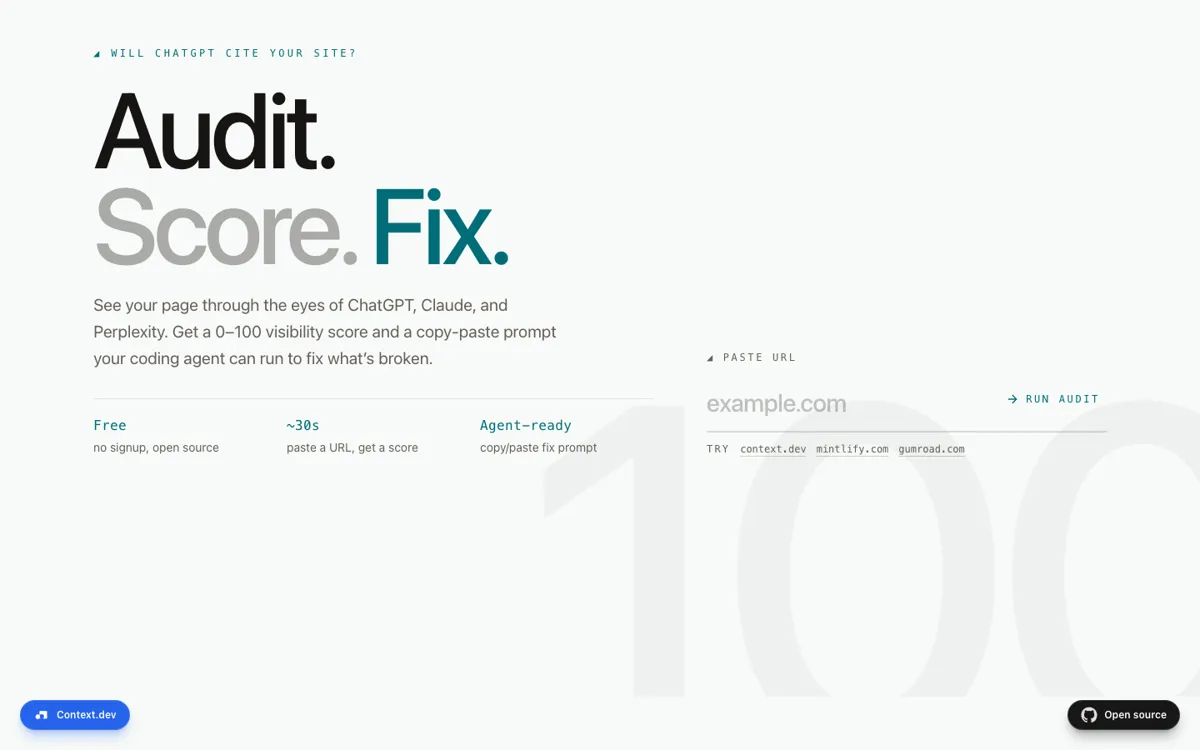 Free AI SEO Auditor official website and landing page preview