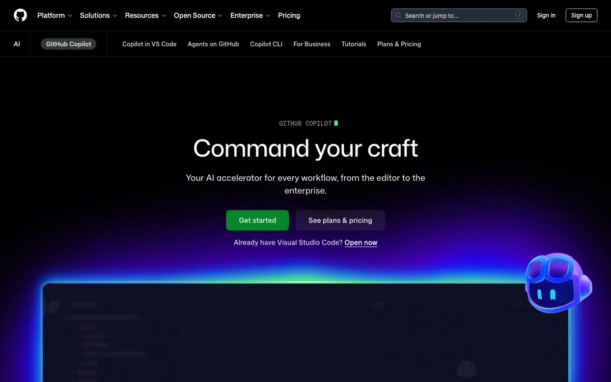 GitHub Copilot official website and landing page preview