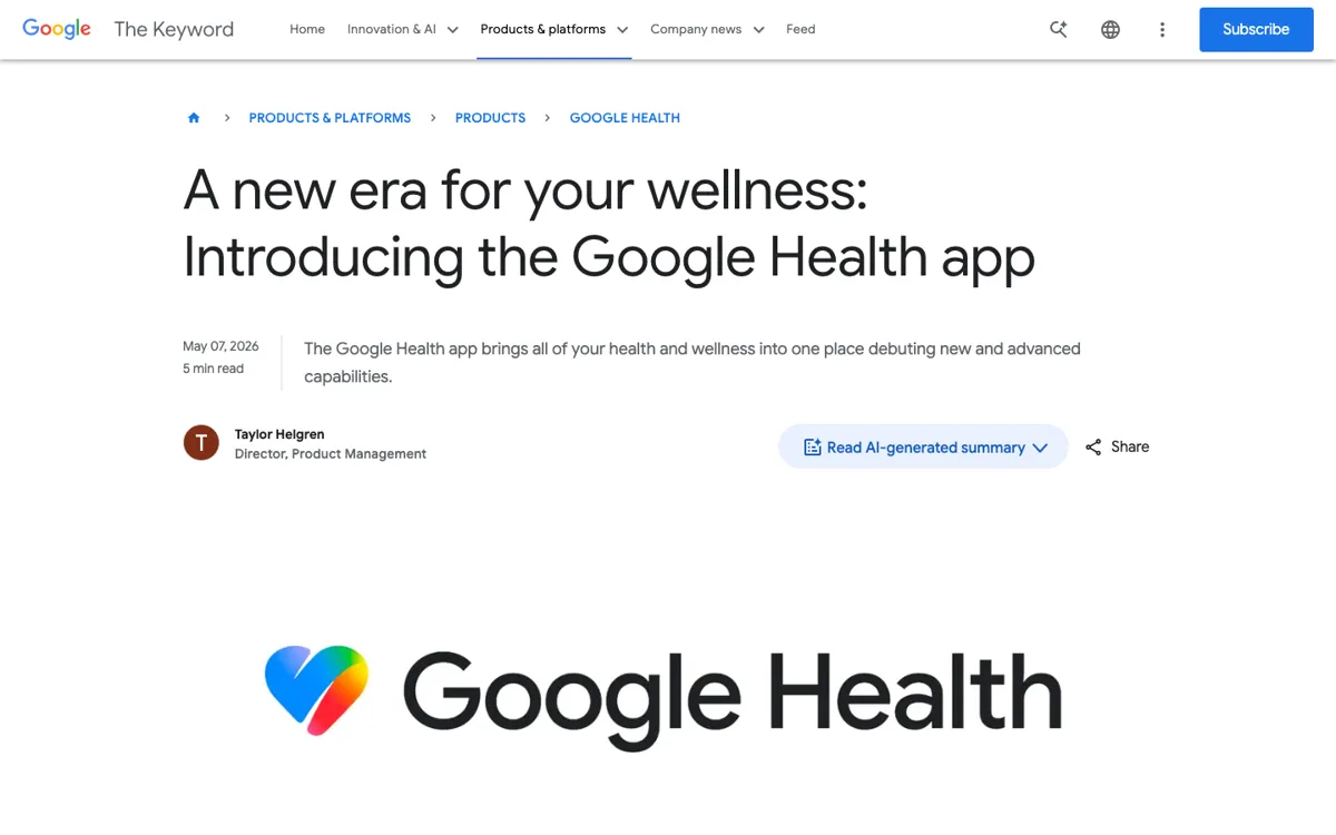 Google Health app official website and landing page preview