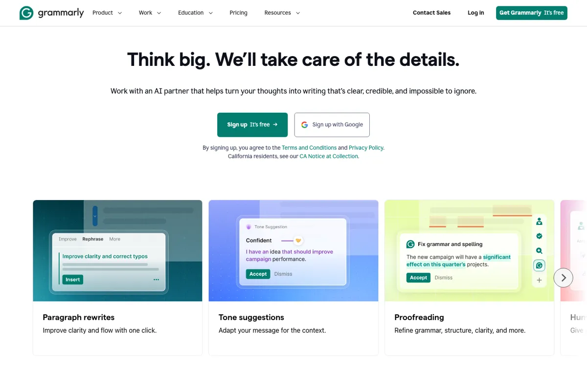 Grammarly official website and landing page preview