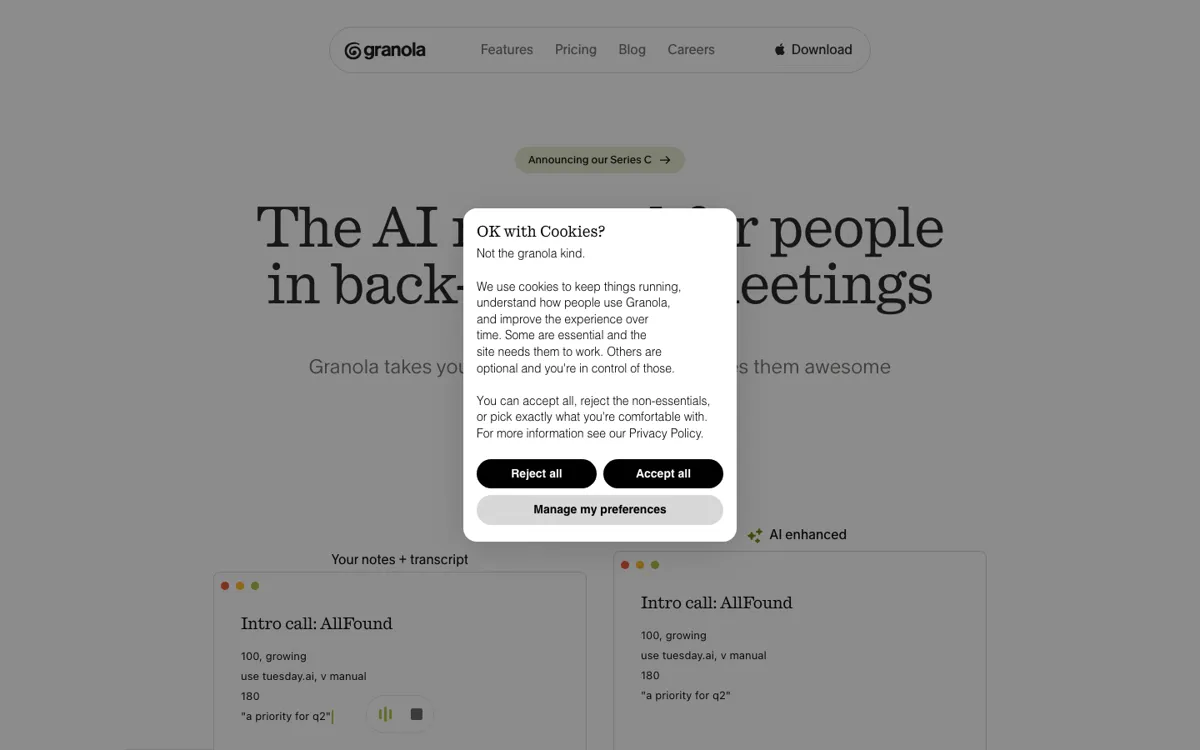 Granola official website and landing page preview