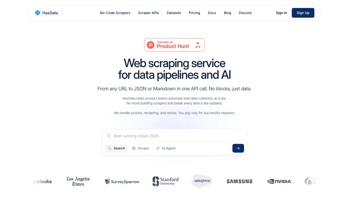 HasData official website and landing page preview