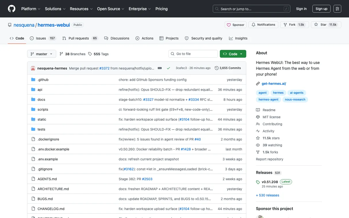 Hermes WebUI official website and landing page preview