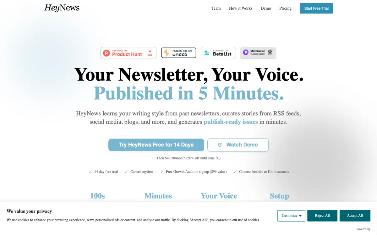 HeyNews official website and landing page preview