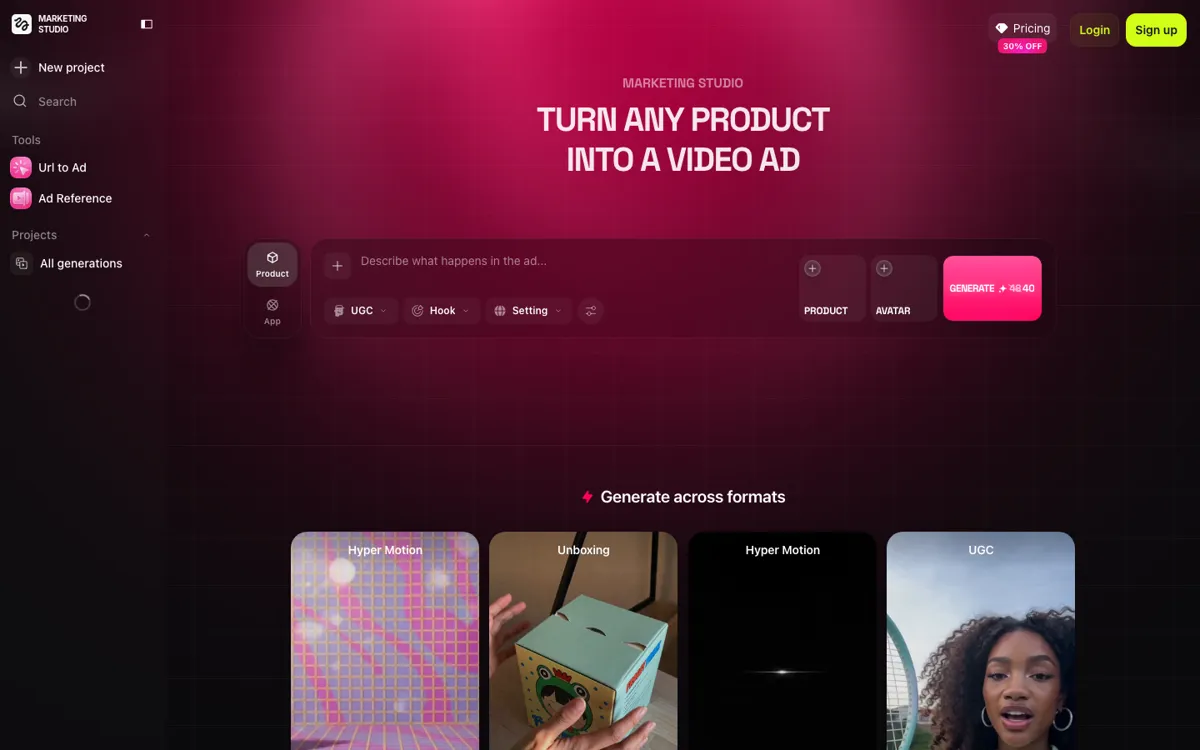 Higgsfield Marketing Studio official website and landing page preview