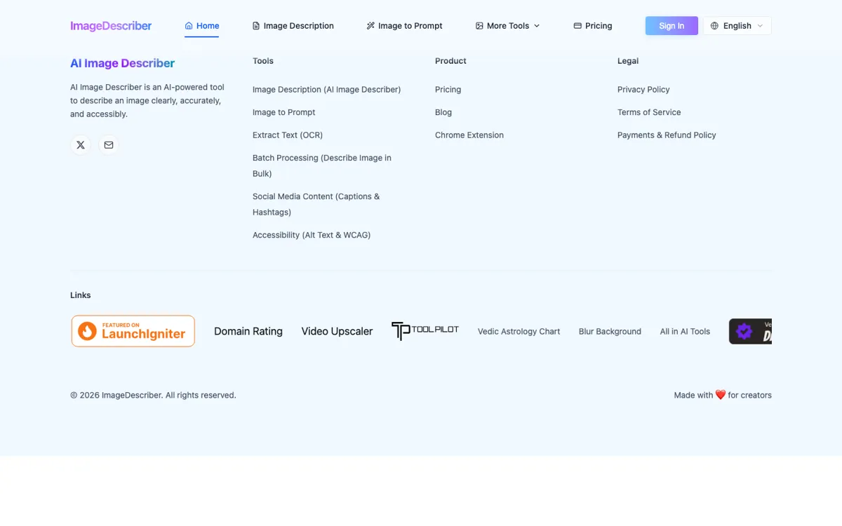 Image Describer official website and landing page preview
