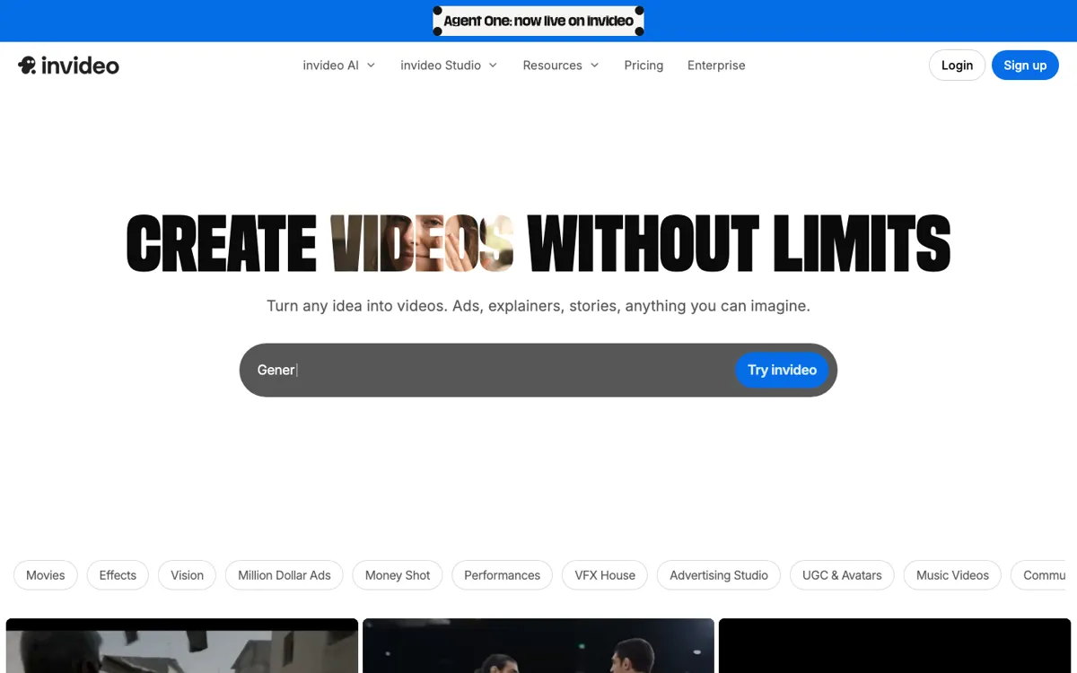 Invideo AI official website and landing page preview