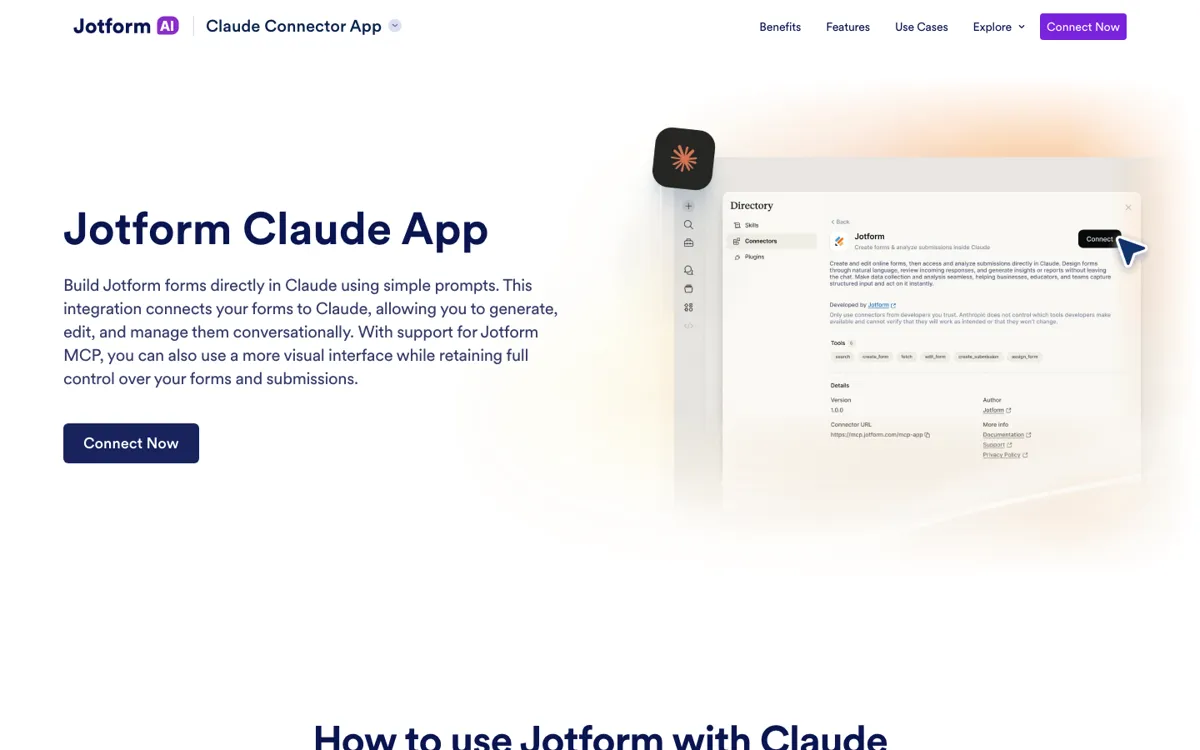 Jotform Claude App official website and landing page preview