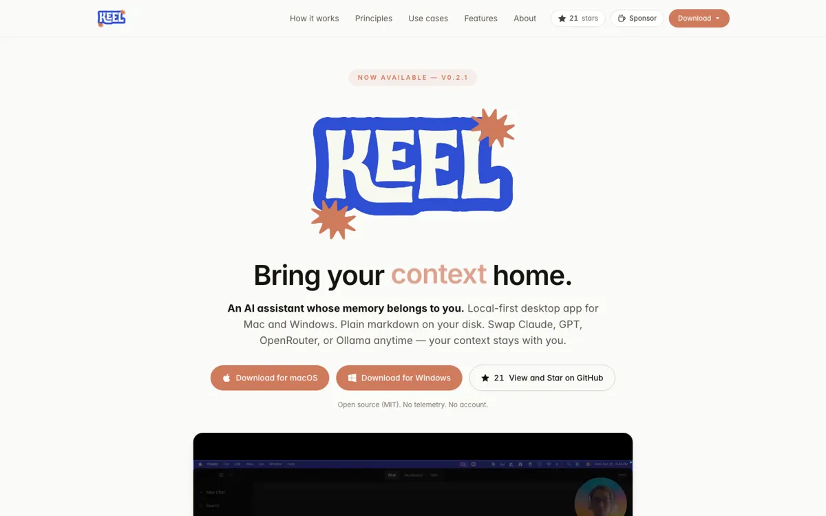 Keel official website and landing page preview