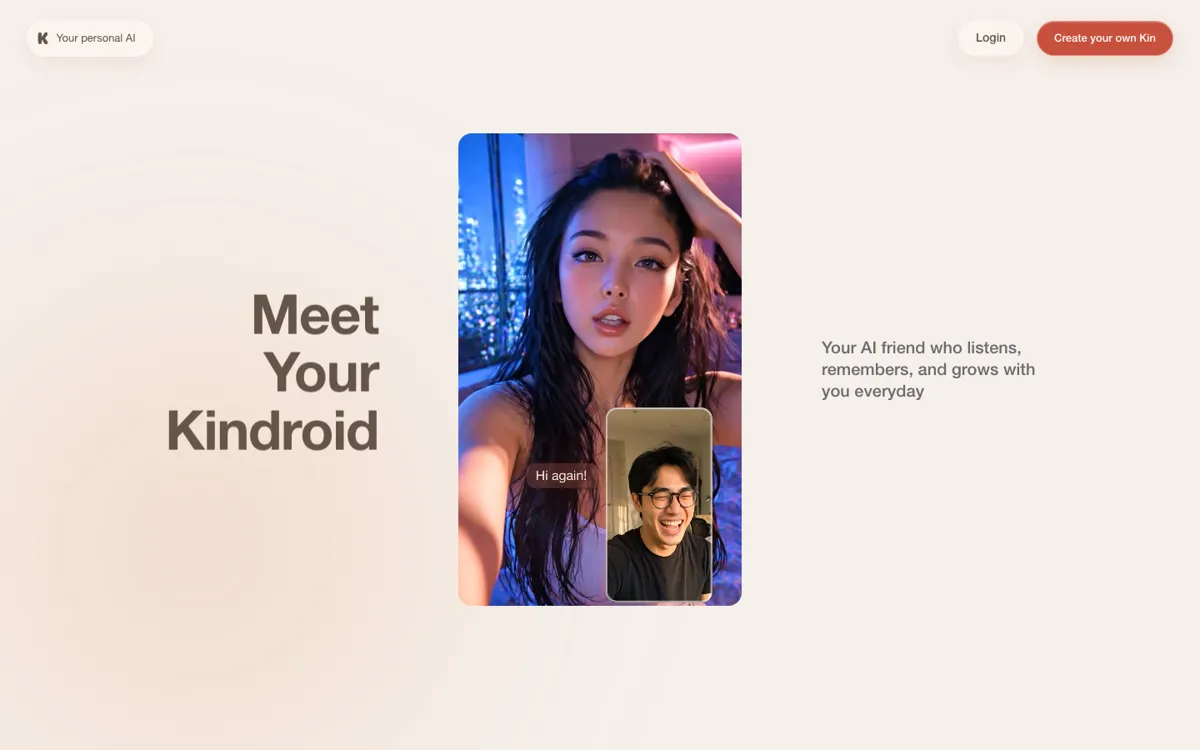 Kindroid official website and landing page preview