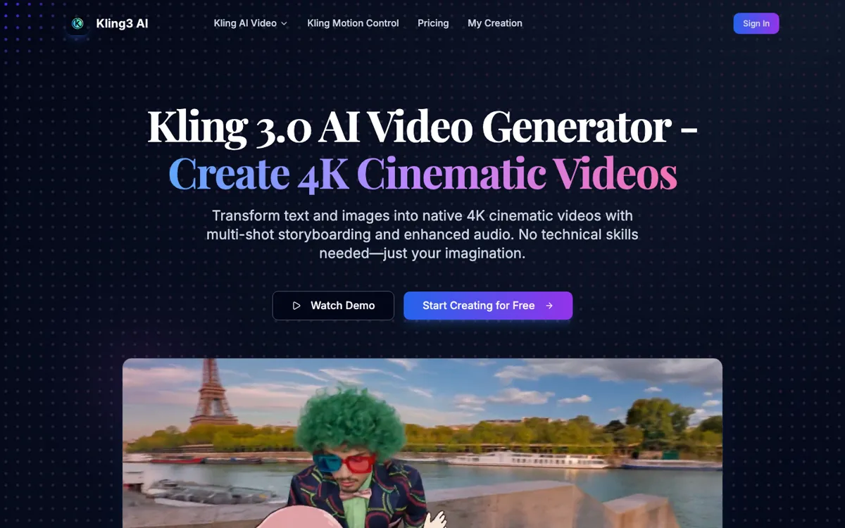 Kling3 AI official website and landing page preview