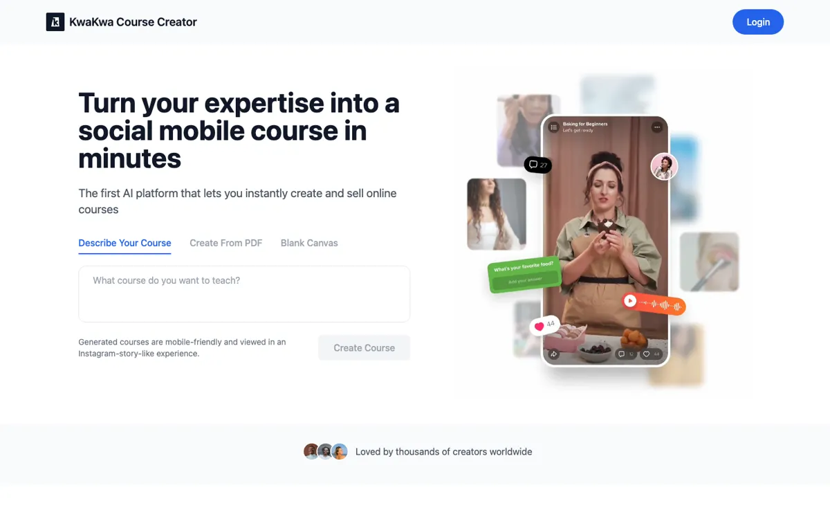 KwaKwa Course Creator official website and landing page preview