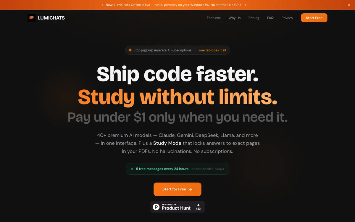 LumiChats Offline(free) official website and landing page preview
