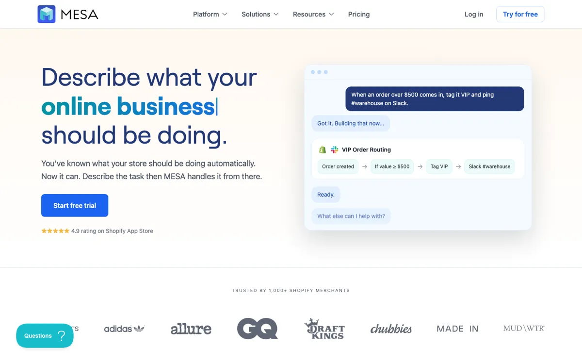 MESA official website and landing page preview