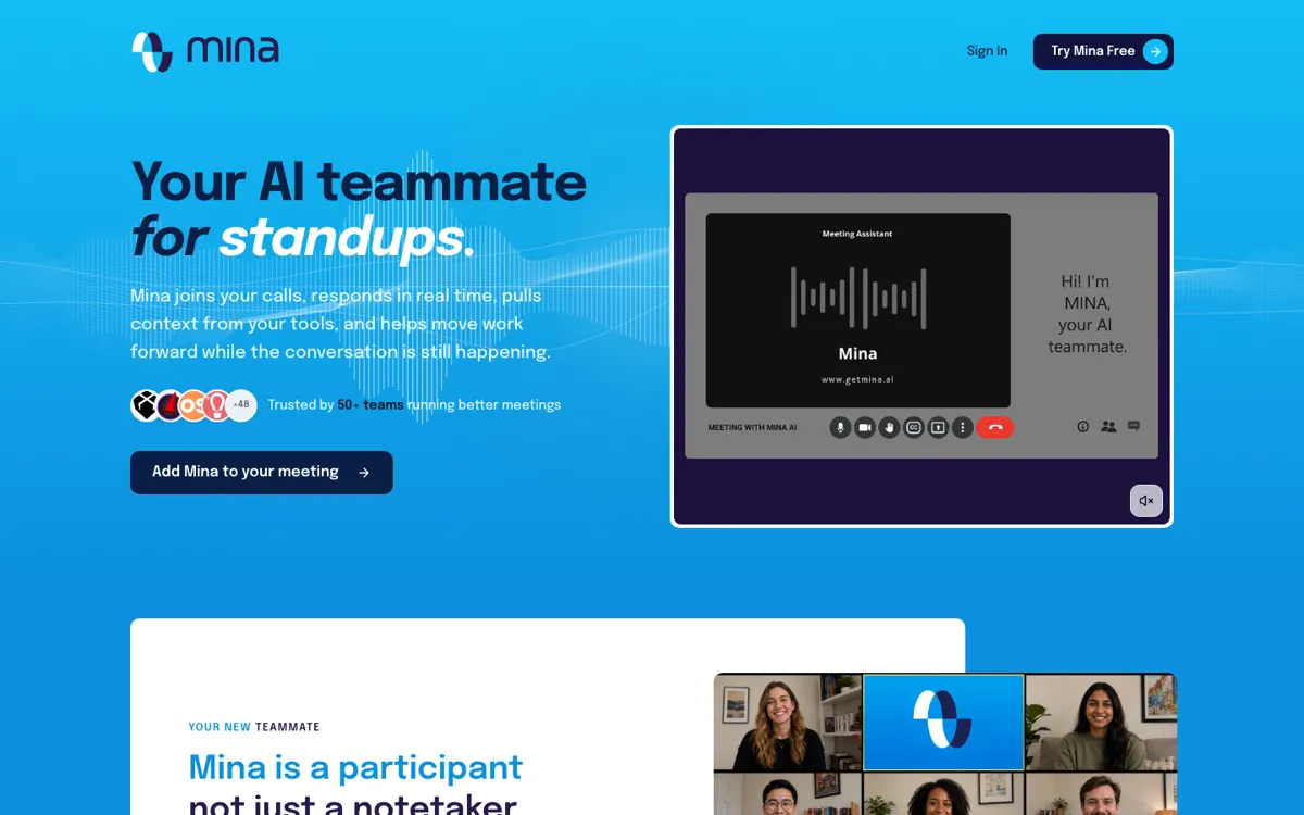 Mina Meeting Assistant official website and landing page preview