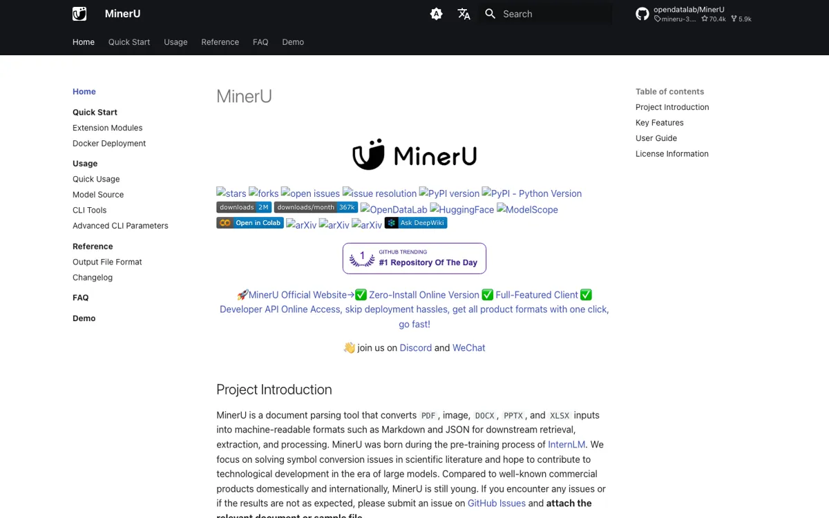 MinerU official website and landing page preview