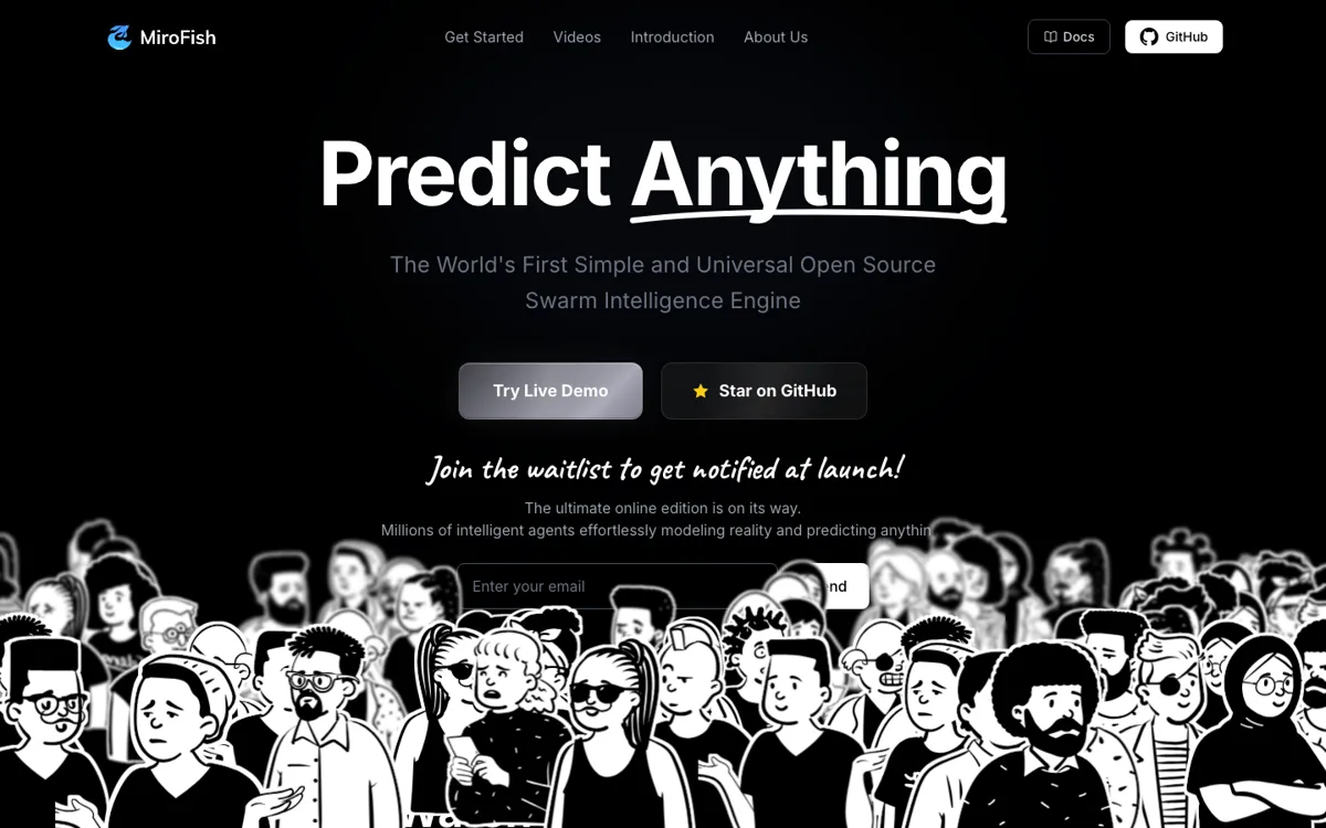 MiroFish official website and landing page preview