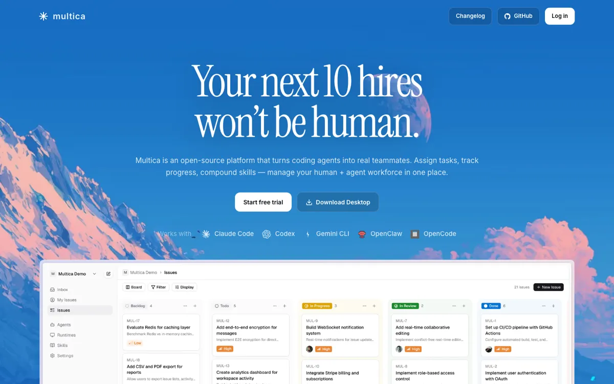 Multica official website and landing page preview
