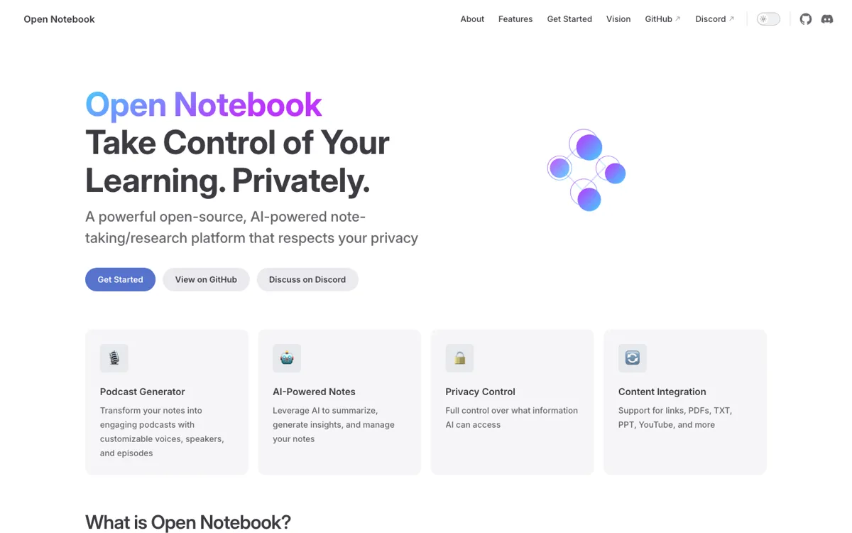 Open Notebook official website and landing page preview