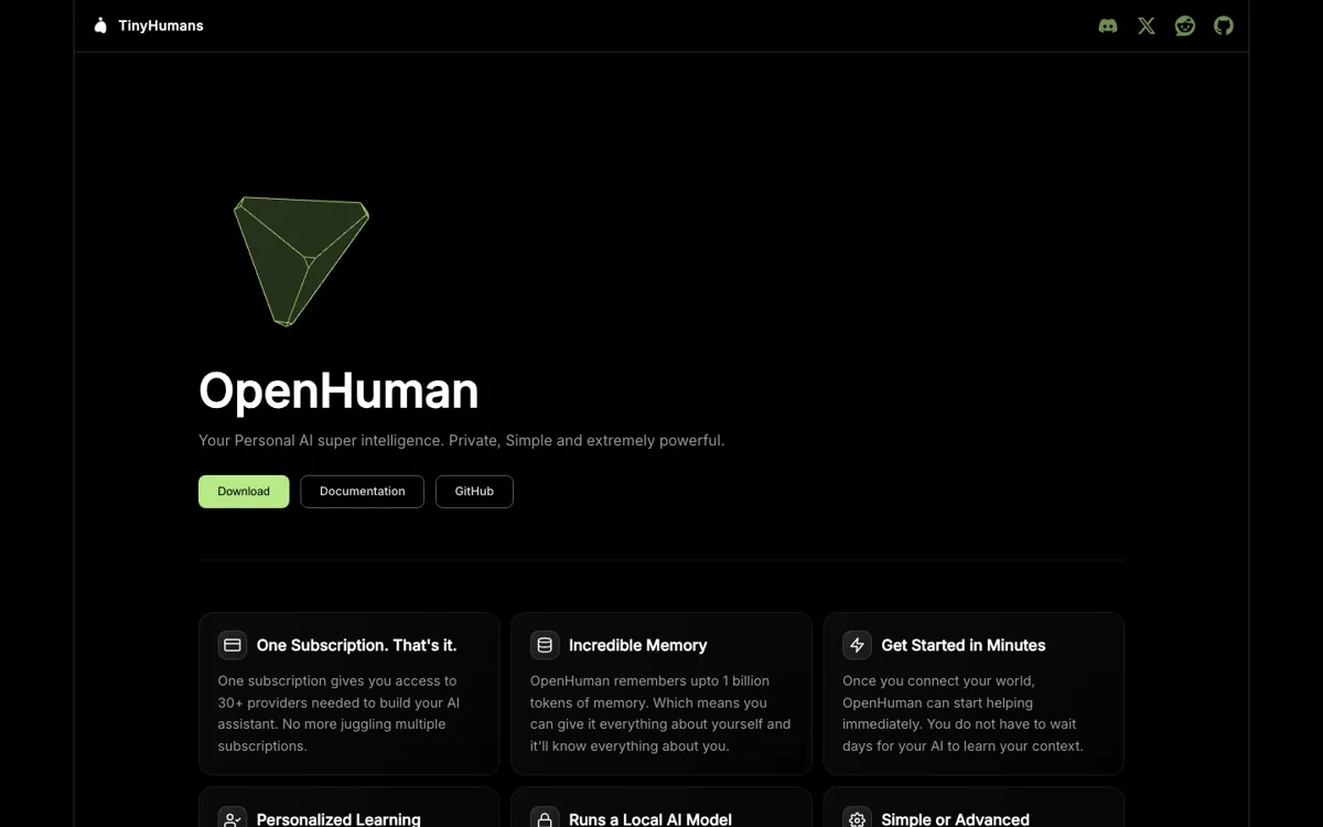 OpenHuman official website and landing page preview