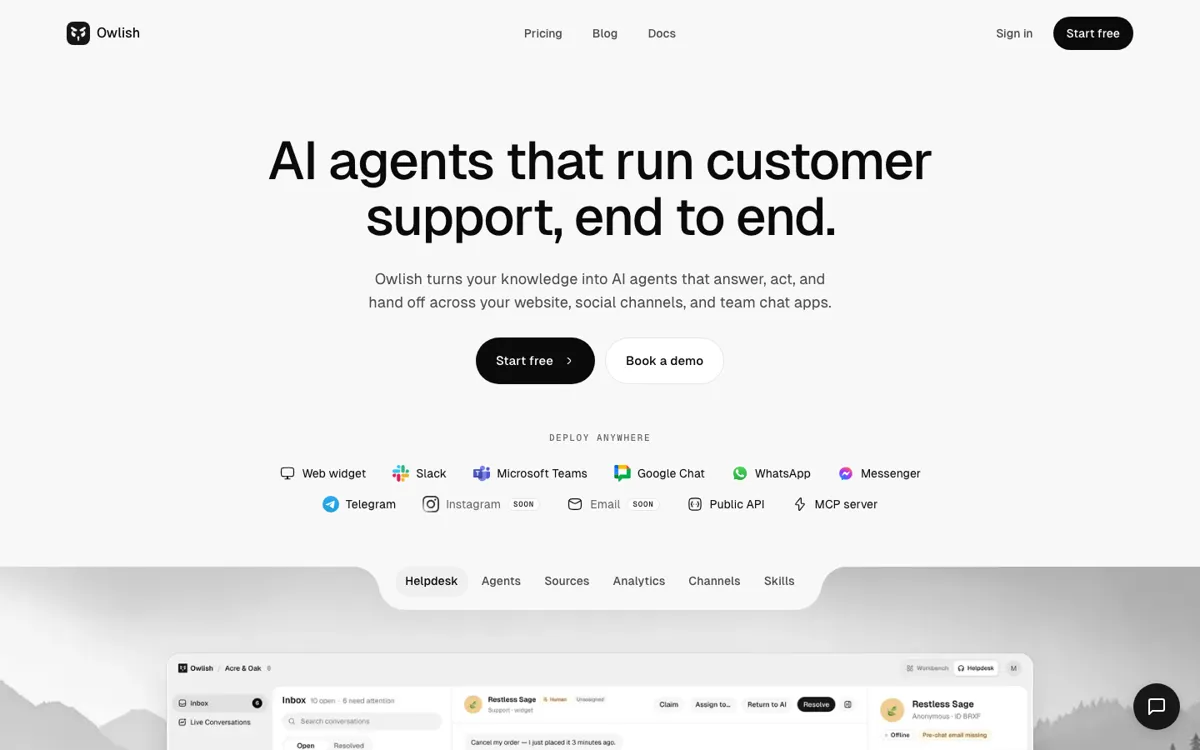 Owlish official website and landing page preview