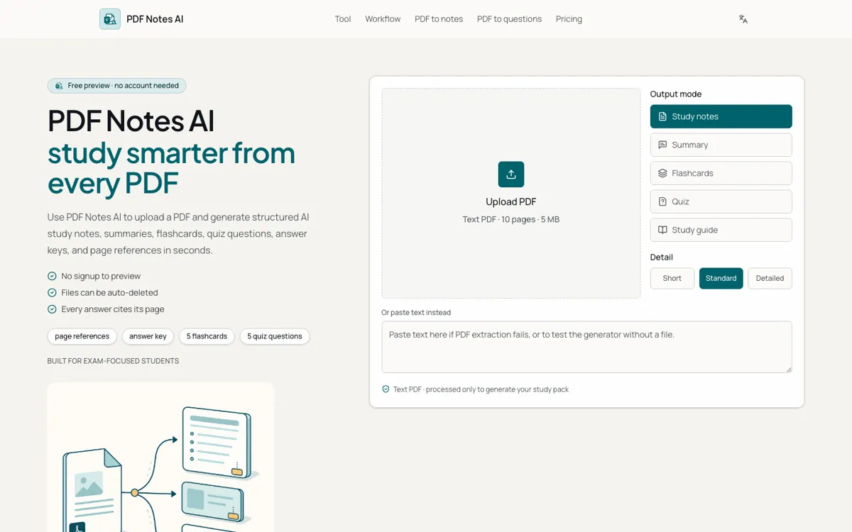 PDF Notes AI official website and landing page preview