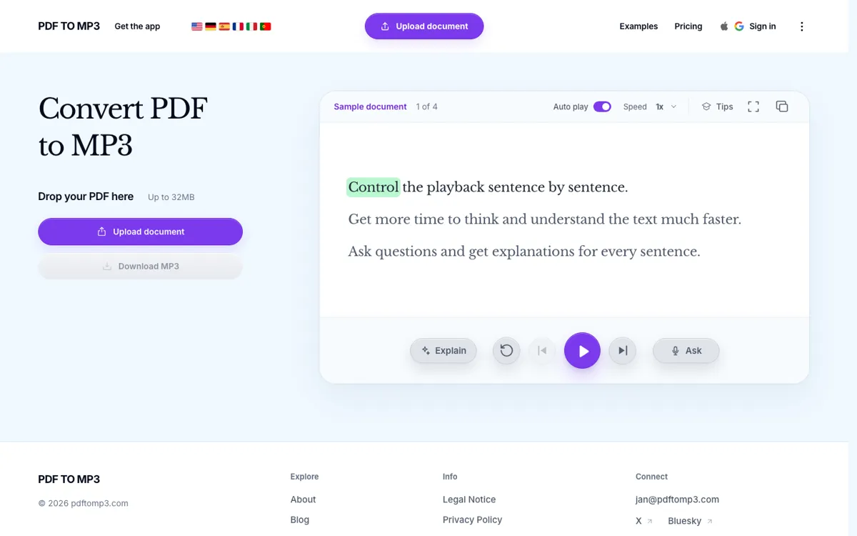 PDF TO MP3 official website and landing page preview