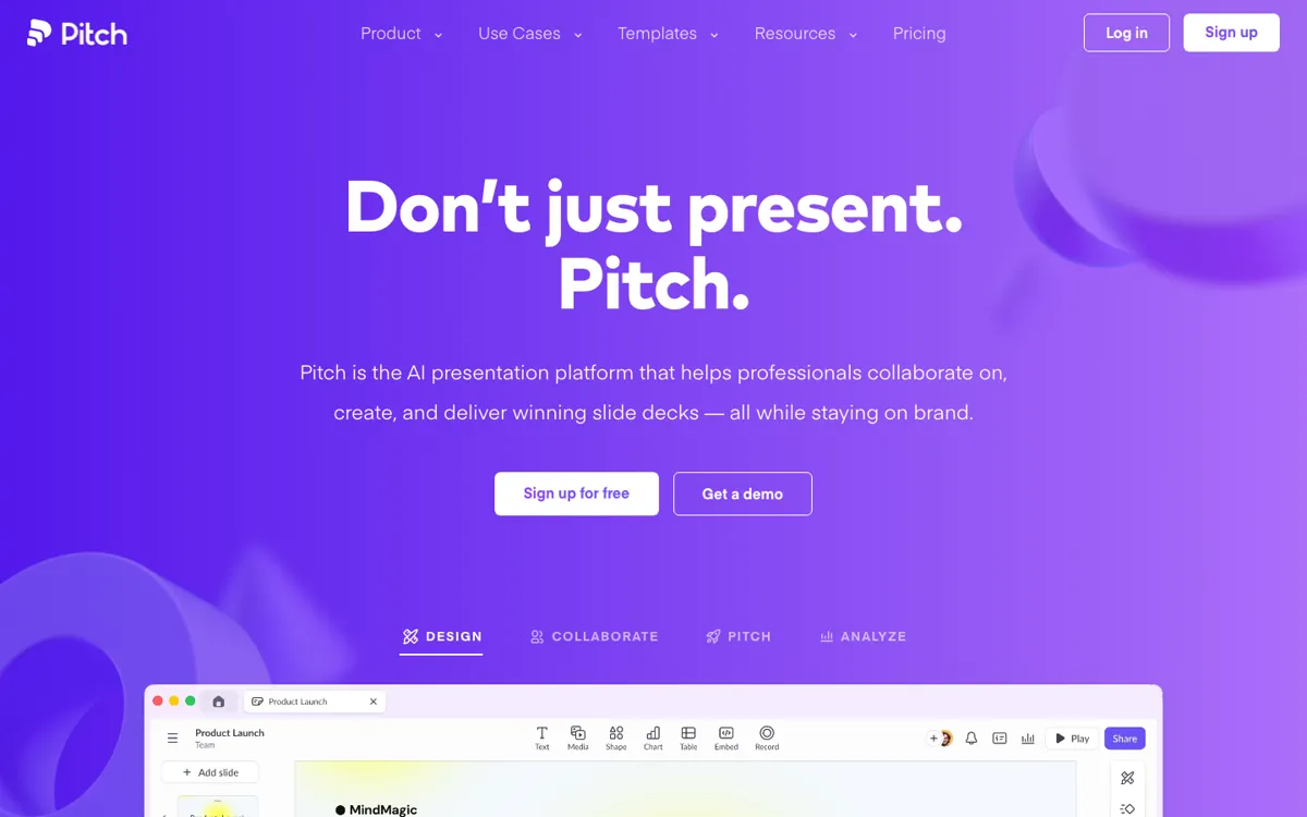 Pitch official website and landing page preview