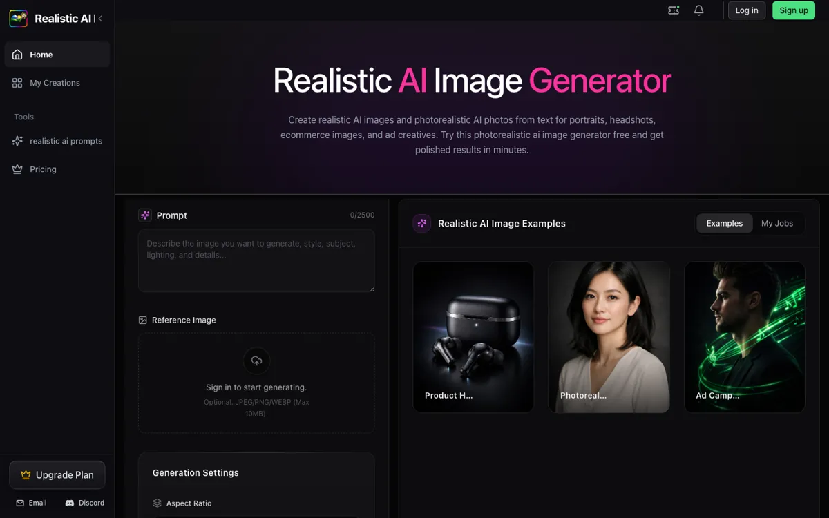 Realistic AI Image Generator official website and landing page preview