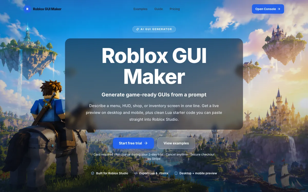 Roblox GUI Maker official website and landing page preview