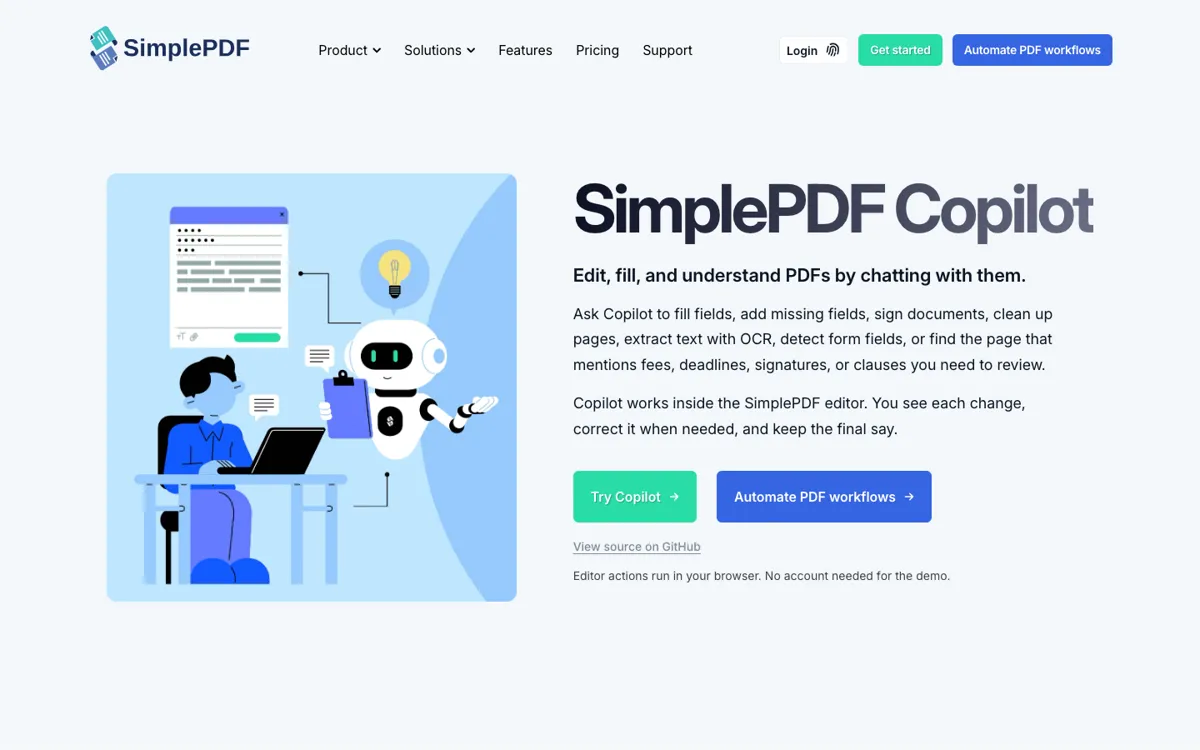 SimplePDF Copilot official website and landing page preview
